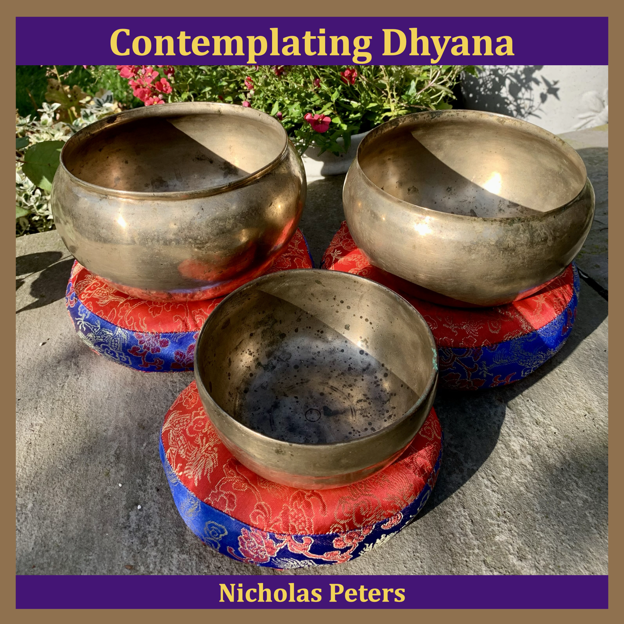 Single artwork showing three antique Himalayan singing bowls resting on brocade cushion rings. The two bowls at the back are Dolpo tantric bowls, and the bowl in the front centre is a small Thadobati bowl. Text reads: "Contemplating Dhyana by Nicholas Peters".