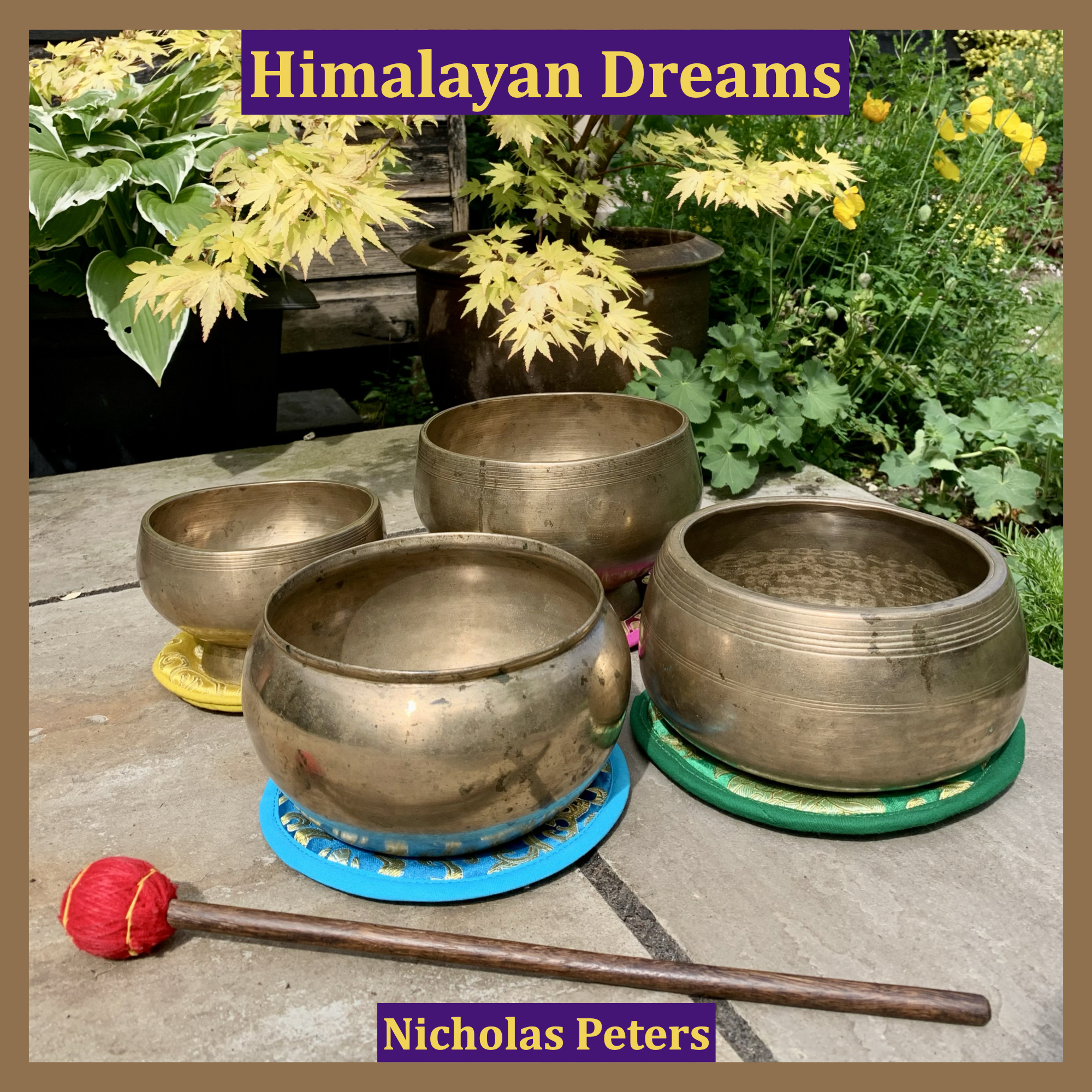 Single artwork with text that reads: “Himalayan Dreams by Nicholas Peters". The photograph in the artwork shows four antique Himalayan singing bowls resting on brocade cushion pads on a stone patio. The two bowls at the back of the photograph are 'Naga' pedestal bowls, the bowl at the front left is a Dolpo tantric, and the bowl at the front right is a Mani. In front of the bowls is a 'lollipop' mallet. Behind the bowls there is a Maple tree, and to the right of the Maple tree, there are some yellow Welsh poppies.