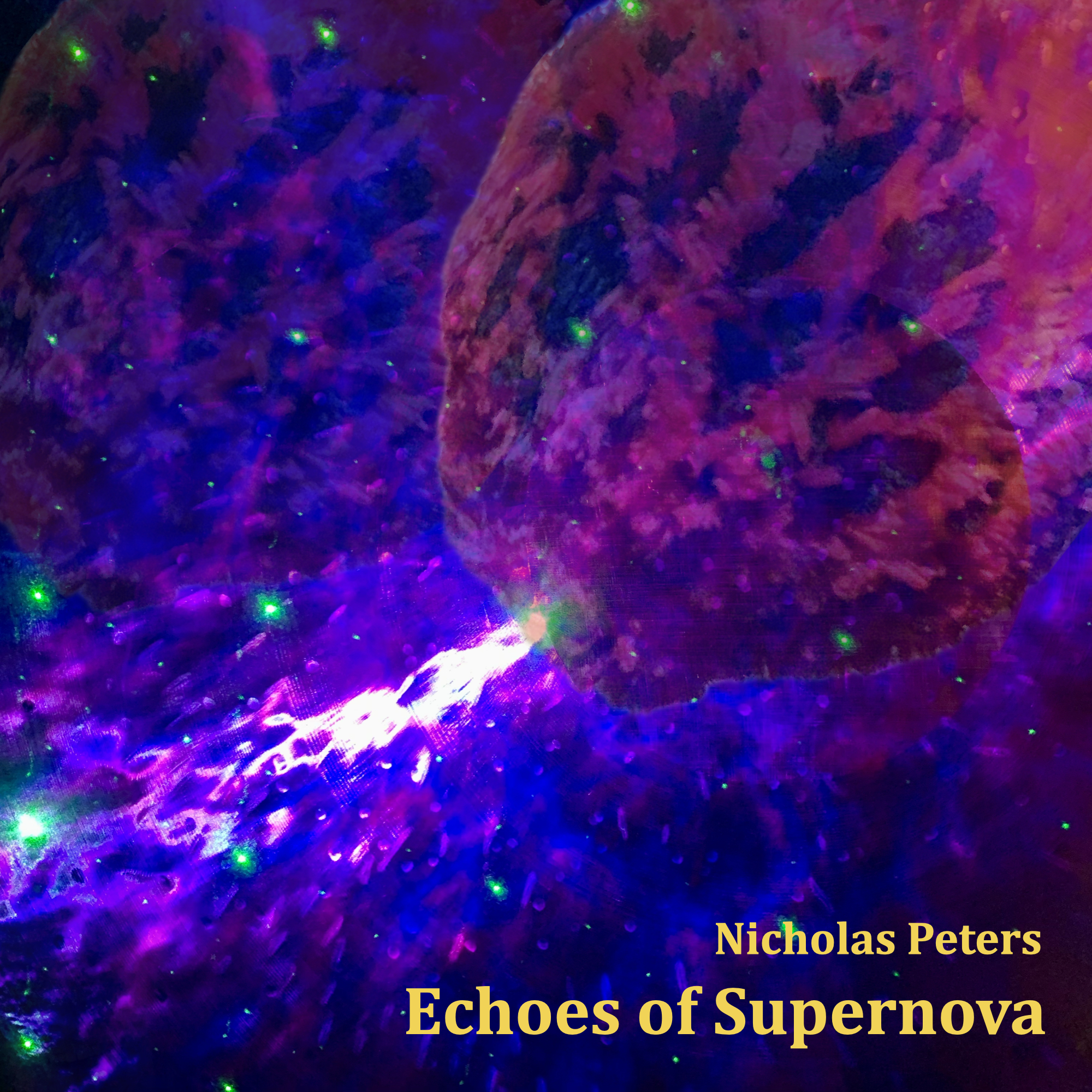 Single artwork by Nicholas Peters with yellow coloured text that reads: “Nicholas Peters - Echoes of Supernova”. The photograph in the artwork shows a close-up shot of the front of a 70cm Thomann wind gong with deep blue and purple nebula light projections shining on it, along with green LED stars. To the right of the image is another photograph of an upside-down red and black fluffy Supernova gong mallet, handmade by Epic Mallets. This mallet was used to play the gong in the track, along with the Deep Energy mallet, also handmade by Epic Mallets.