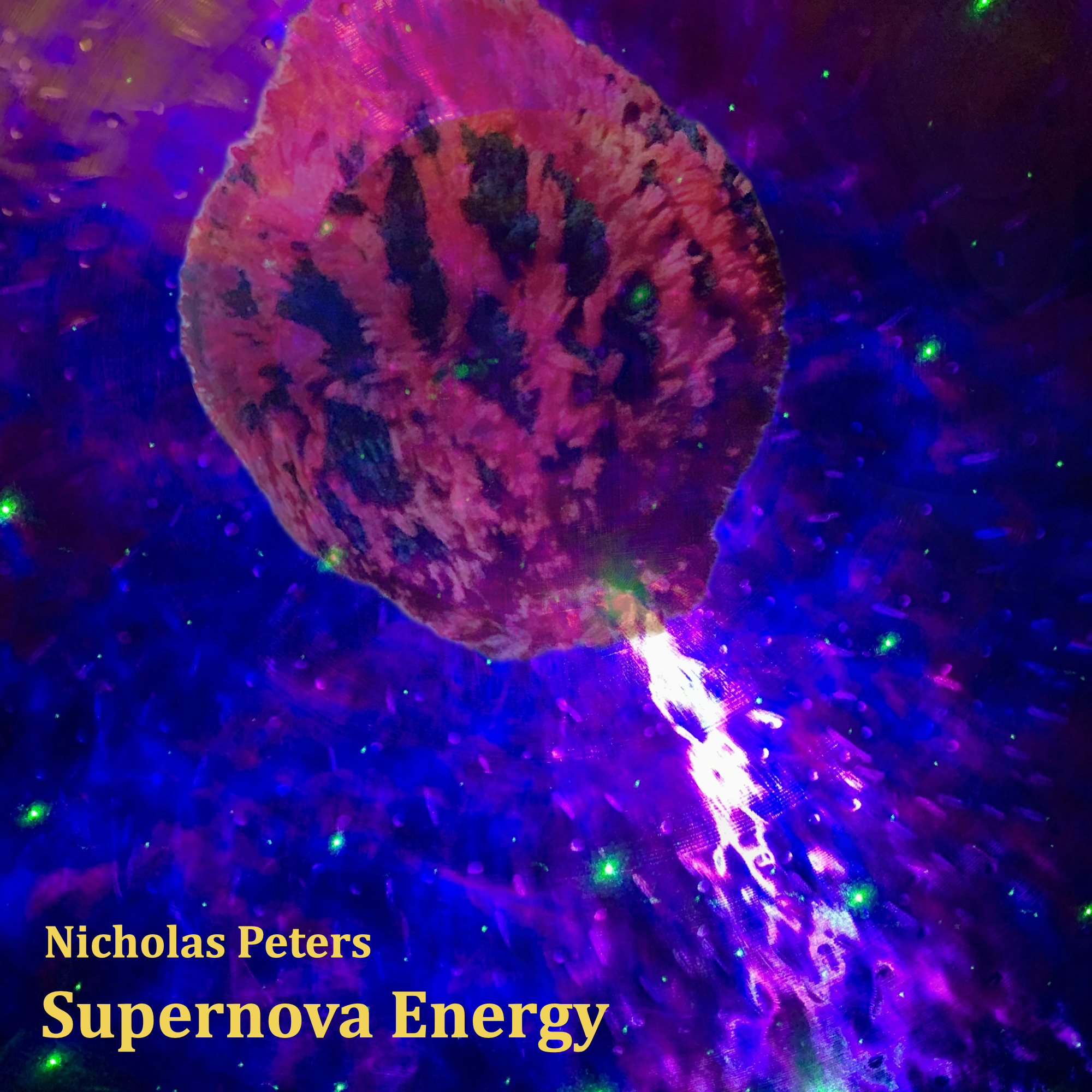 Single artwork by Nicholas Peters with yellow coloured text that reads: “Nicholas Peters - Supernova Energy”. The photograph in the artwork shows a close-up shot of the front of a 70cm Thomann wind gong with deep blue and purple nebula light projections shining on it, along with green LED stars. In the centre of the image is another photograph of an upside-down red and black fluffy Supernova gong mallet, handmade by Epic Mallets. This mallet was used to play the gong in the track, along with the Deep Energy mallet, also handmade by Epic Mallets.